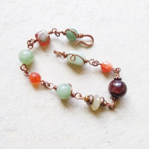 Uniquely Hand Crafted! Aventurine Agate Jasper Carnelian + Copper Bracelet - Picture 2 of 7